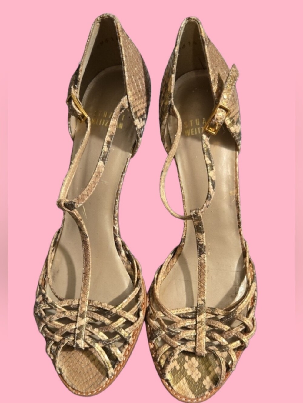 Stuart Weitzman Tan Snake-Print T-Strap Sandals